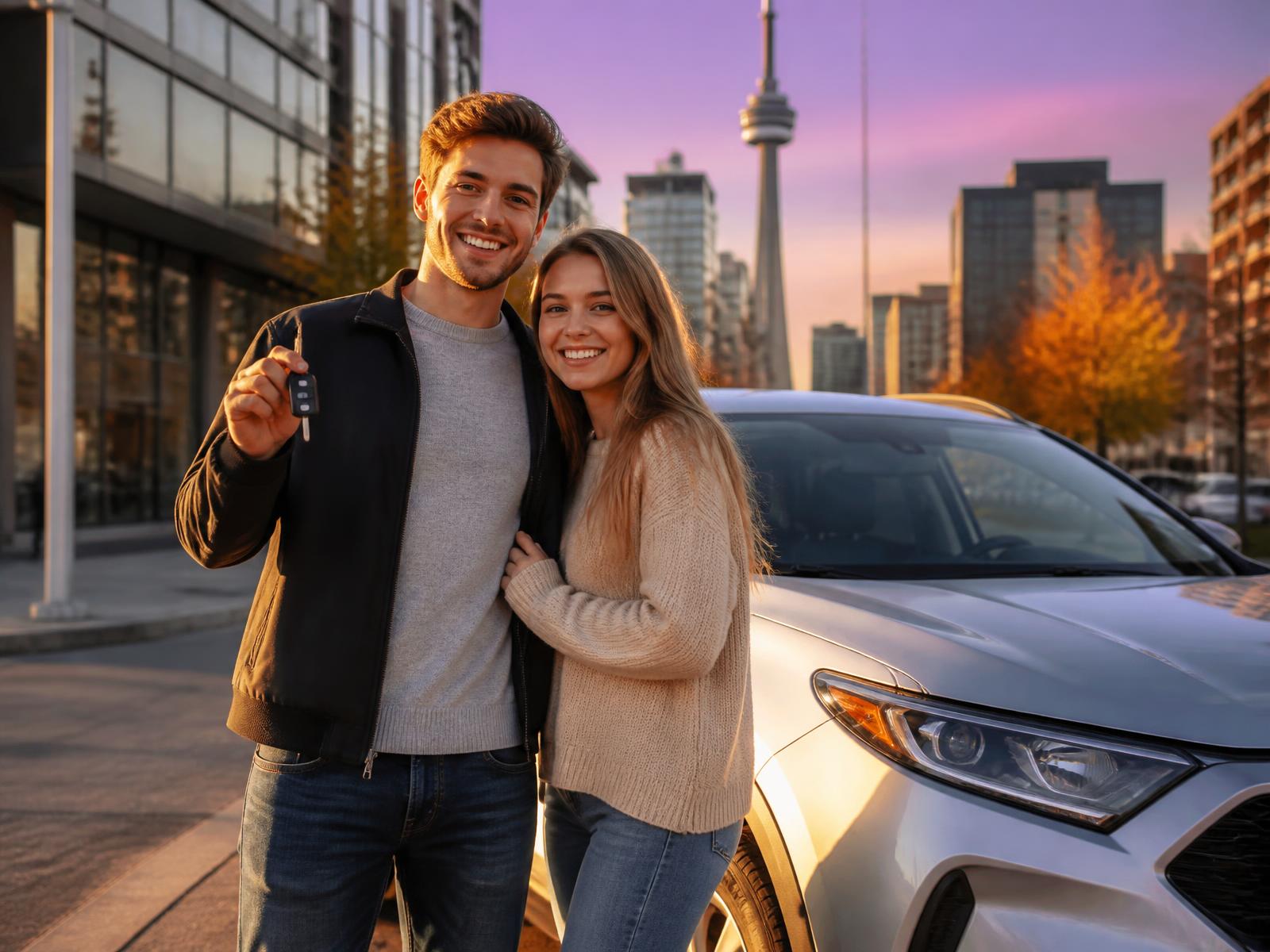 A couple holding the keys to the SUV they financed with Carizi